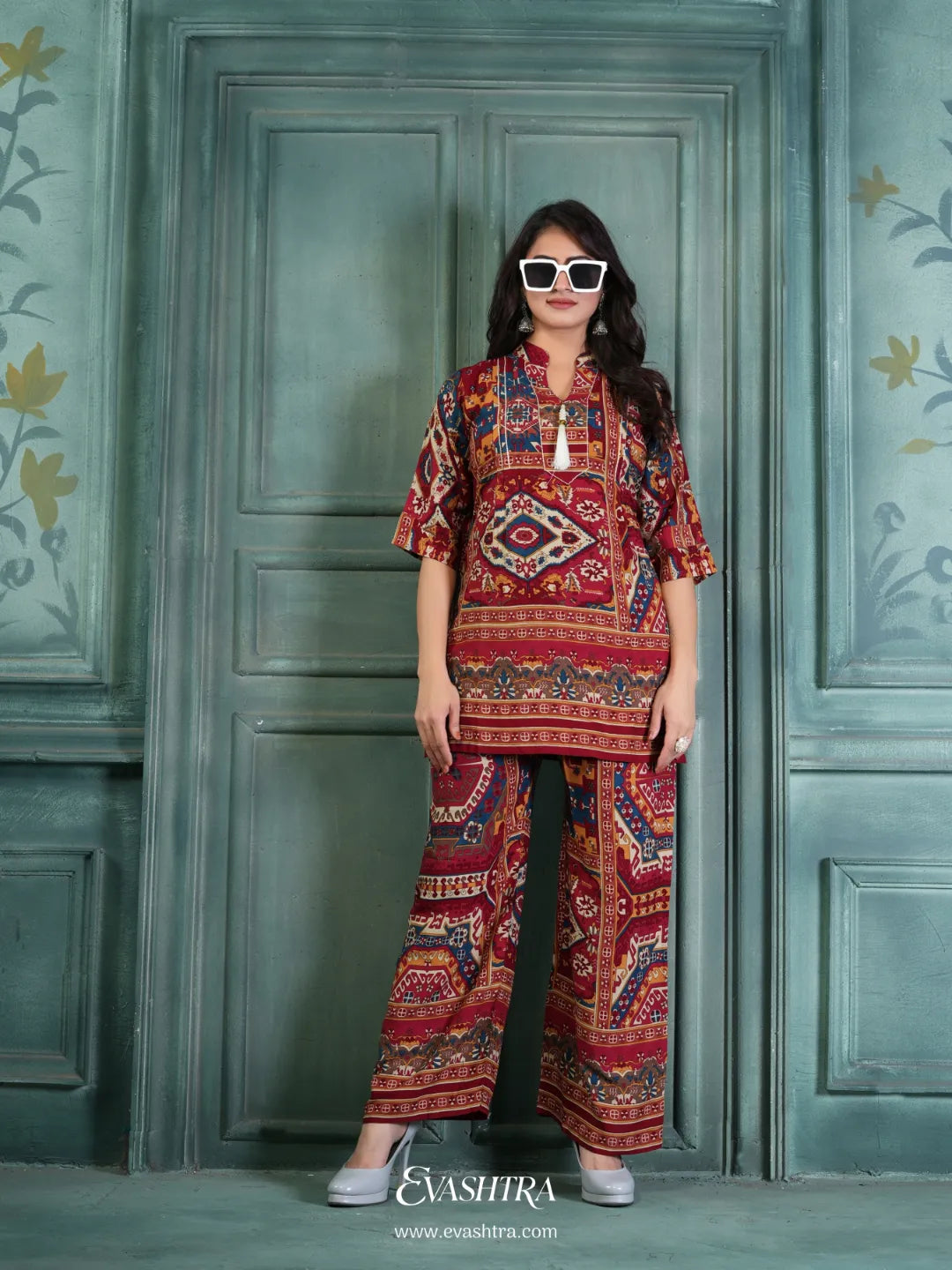 Rayon Printed Co-ord Set – Red & Multicolor Ethnic Design