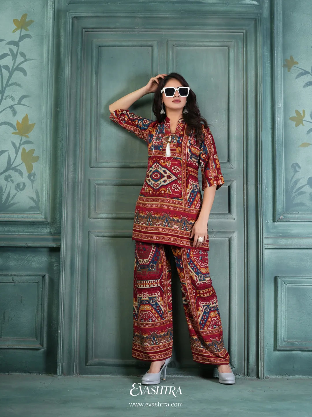 Rayon Printed Co-ord Set – Red & Multicolor Ethnic Design