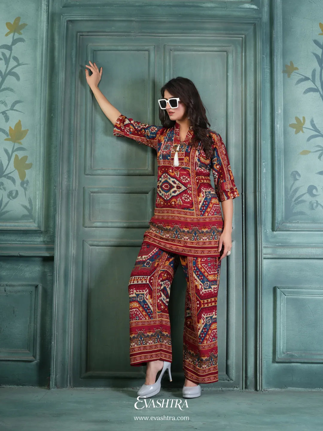 Rayon Printed Co-ord Set – Red & Multicolor Ethnic Design