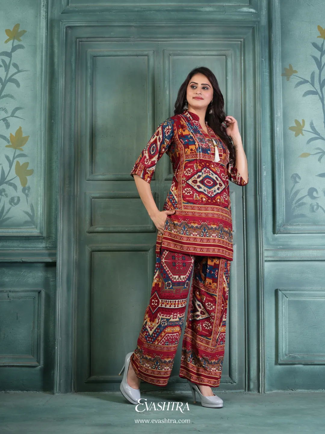Rayon Printed Co-ord Set – Red & Multicolor Ethnic Design