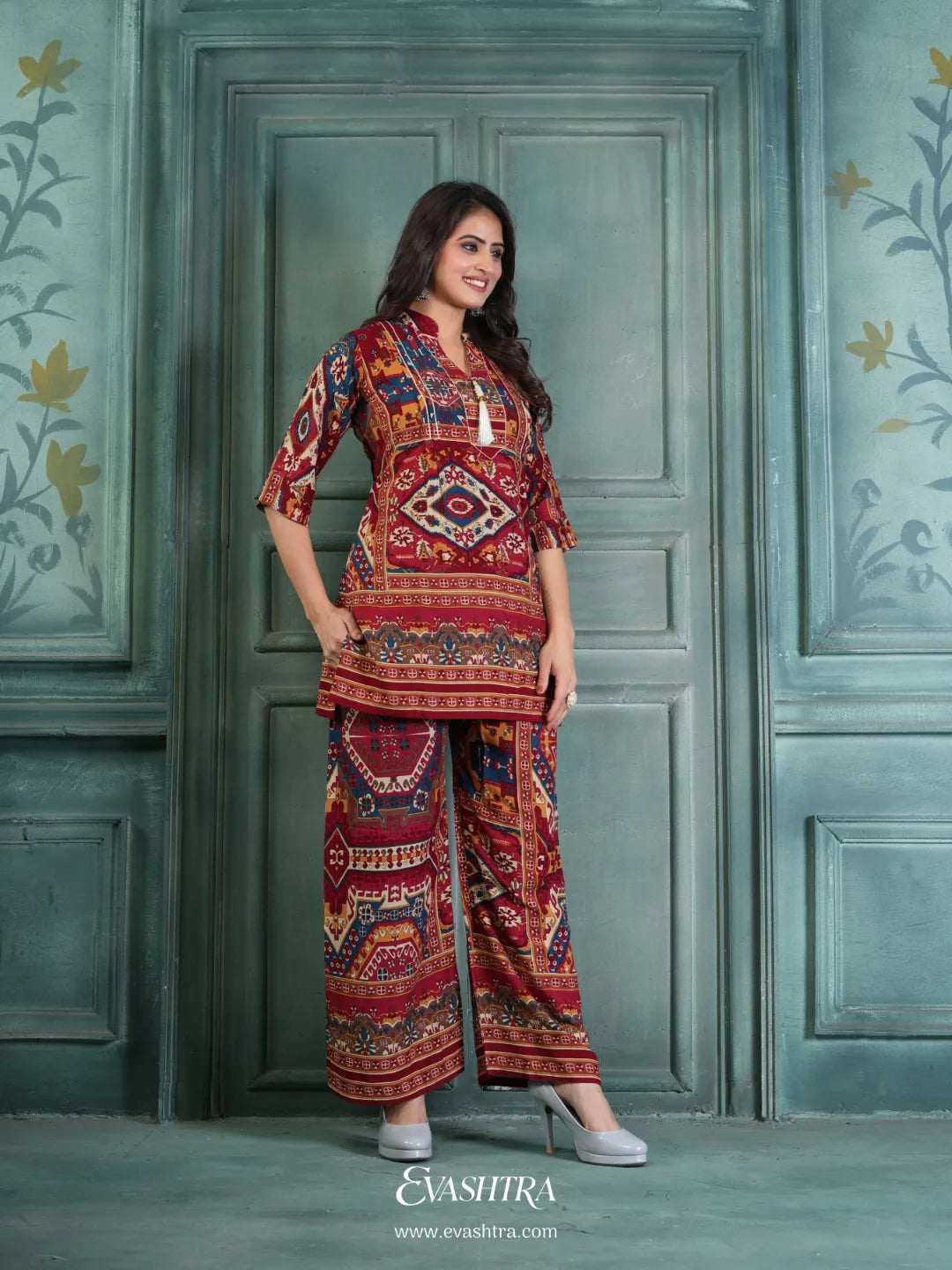 Rayon Printed Co-ord Set – Red & Multicolor Ethnic Design