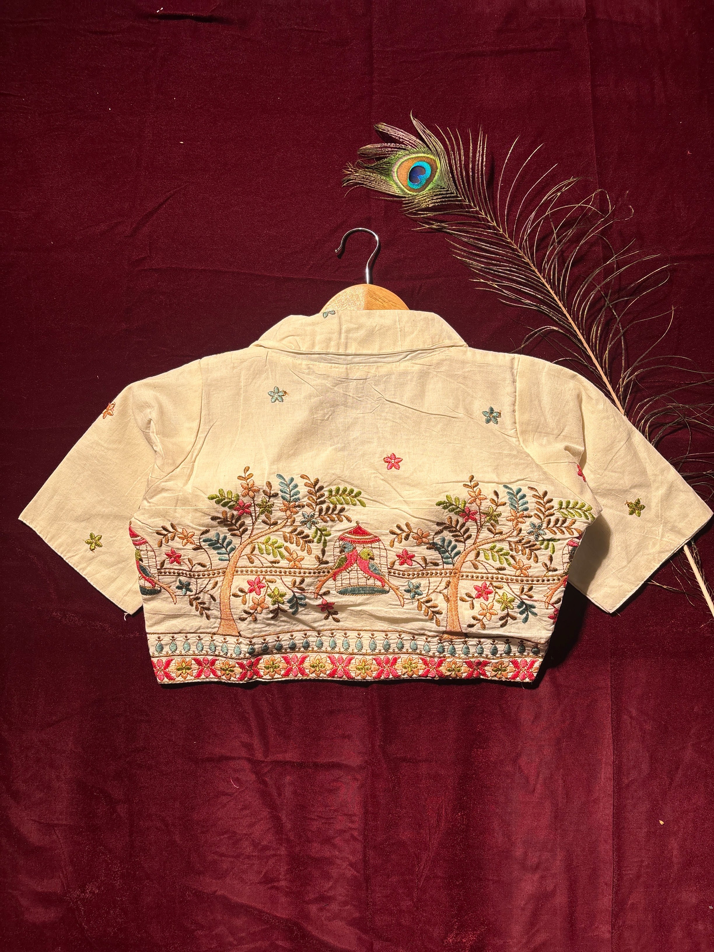 Parrot Jharokha Embroidered Cream Blouse