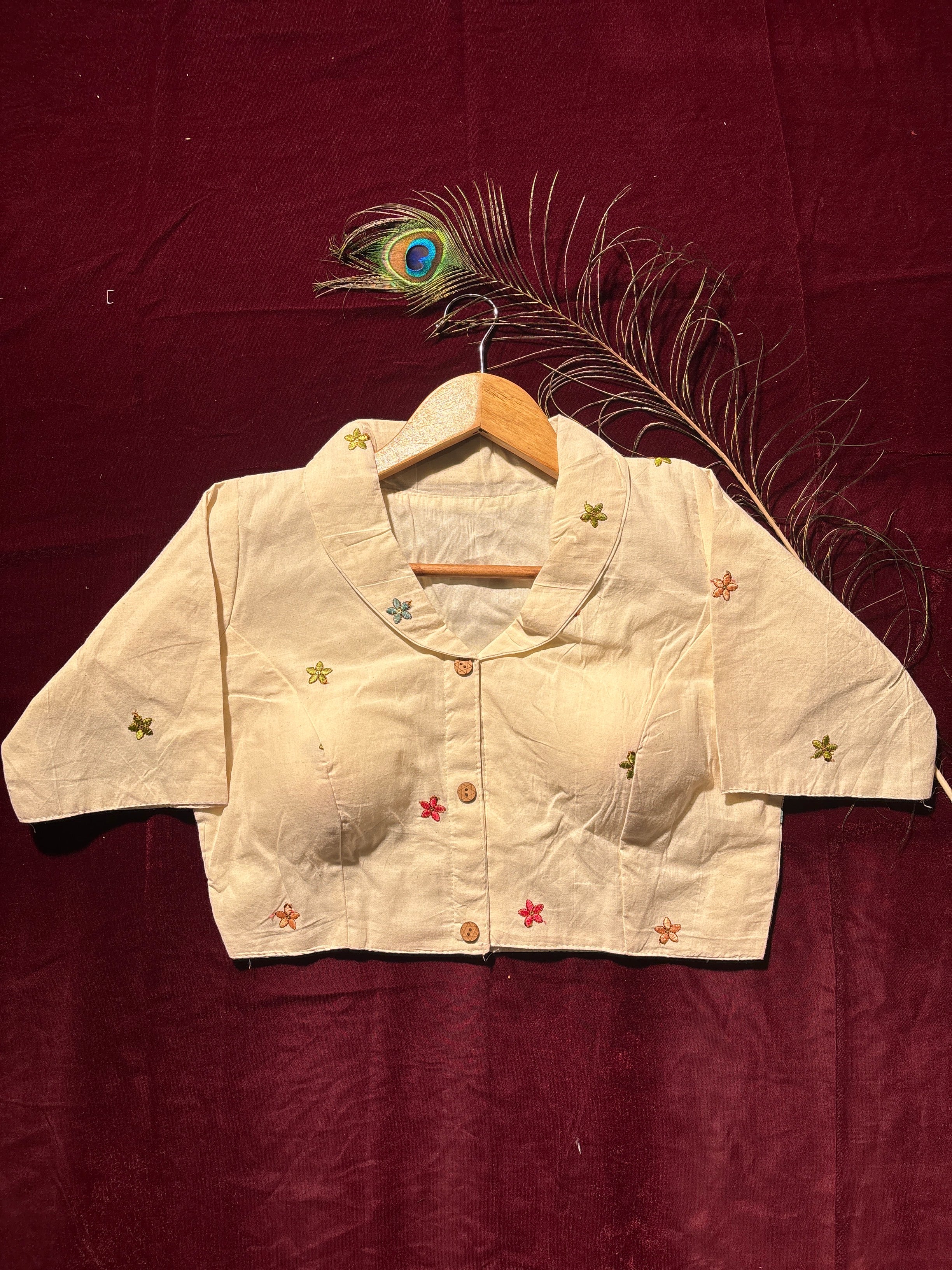 Parrot Jharokha Embroidered Cream Blouse