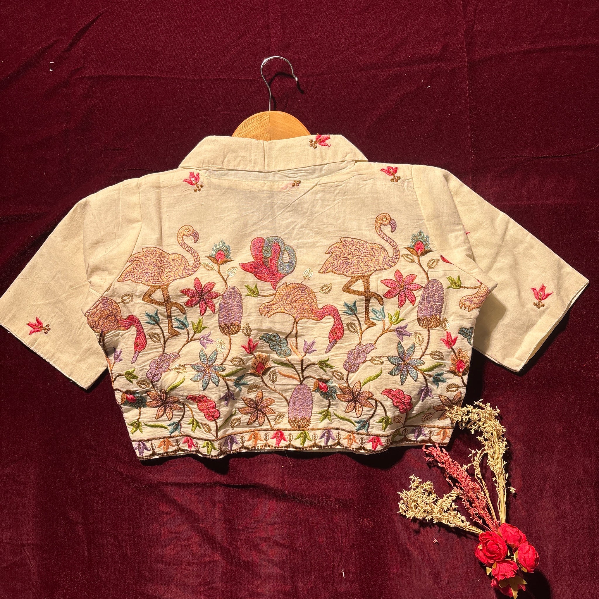 Flamingo Garden Embroidered Cream Blouse
