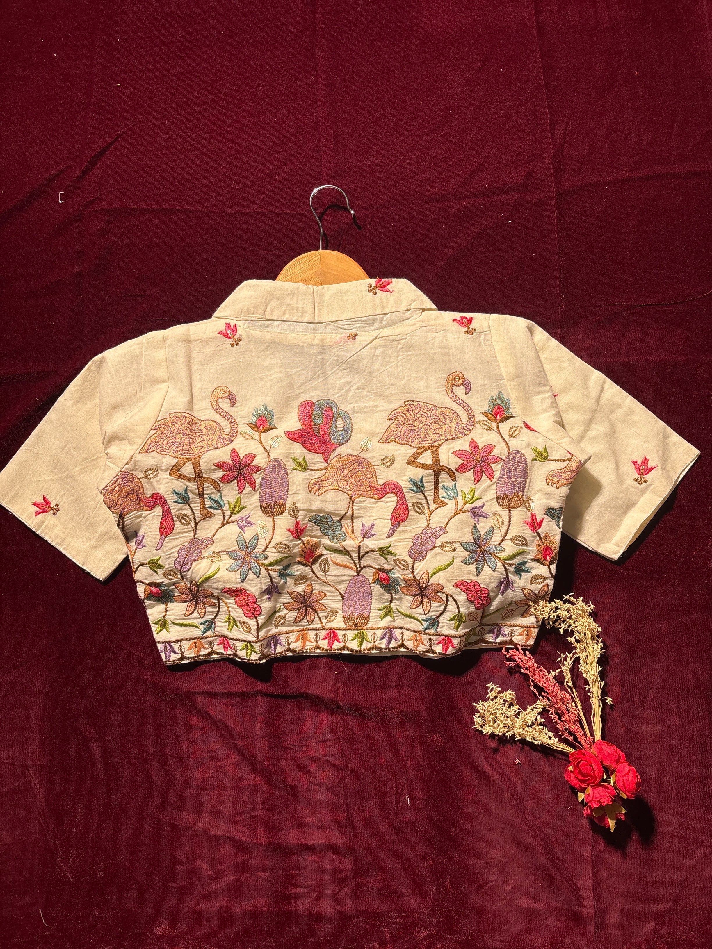 Flamingo Garden Embroidered Cream Blouse