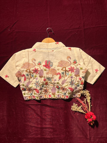 Flamingo Garden Embroidered Cream Blouse