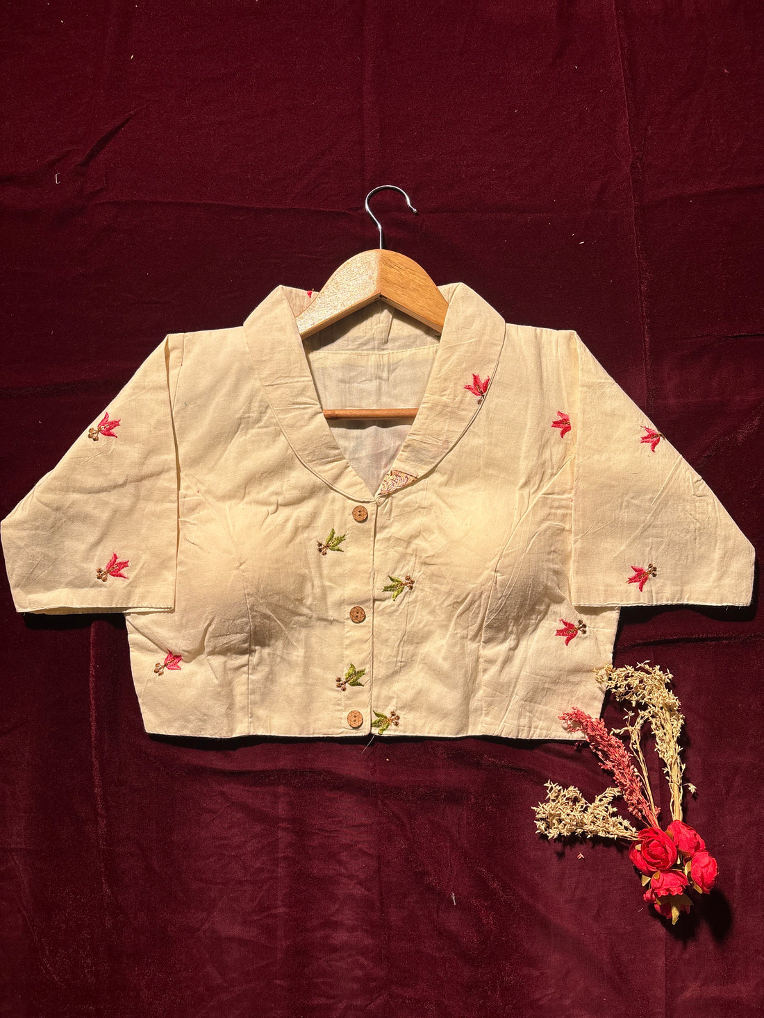 Flamingo Garden Embroidered Cream Blouse