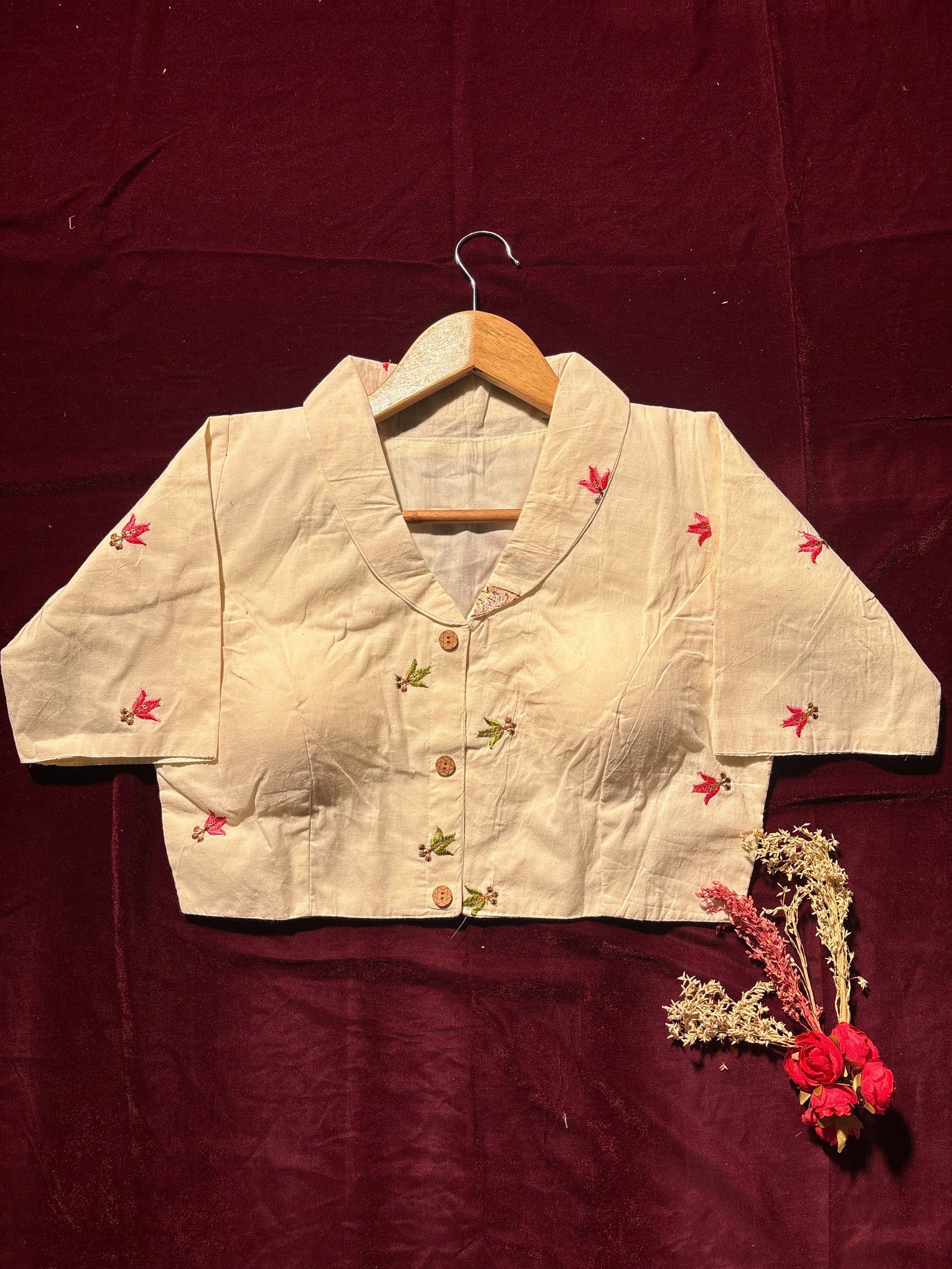 Flamingo Garden Embroidered Cream Blouse