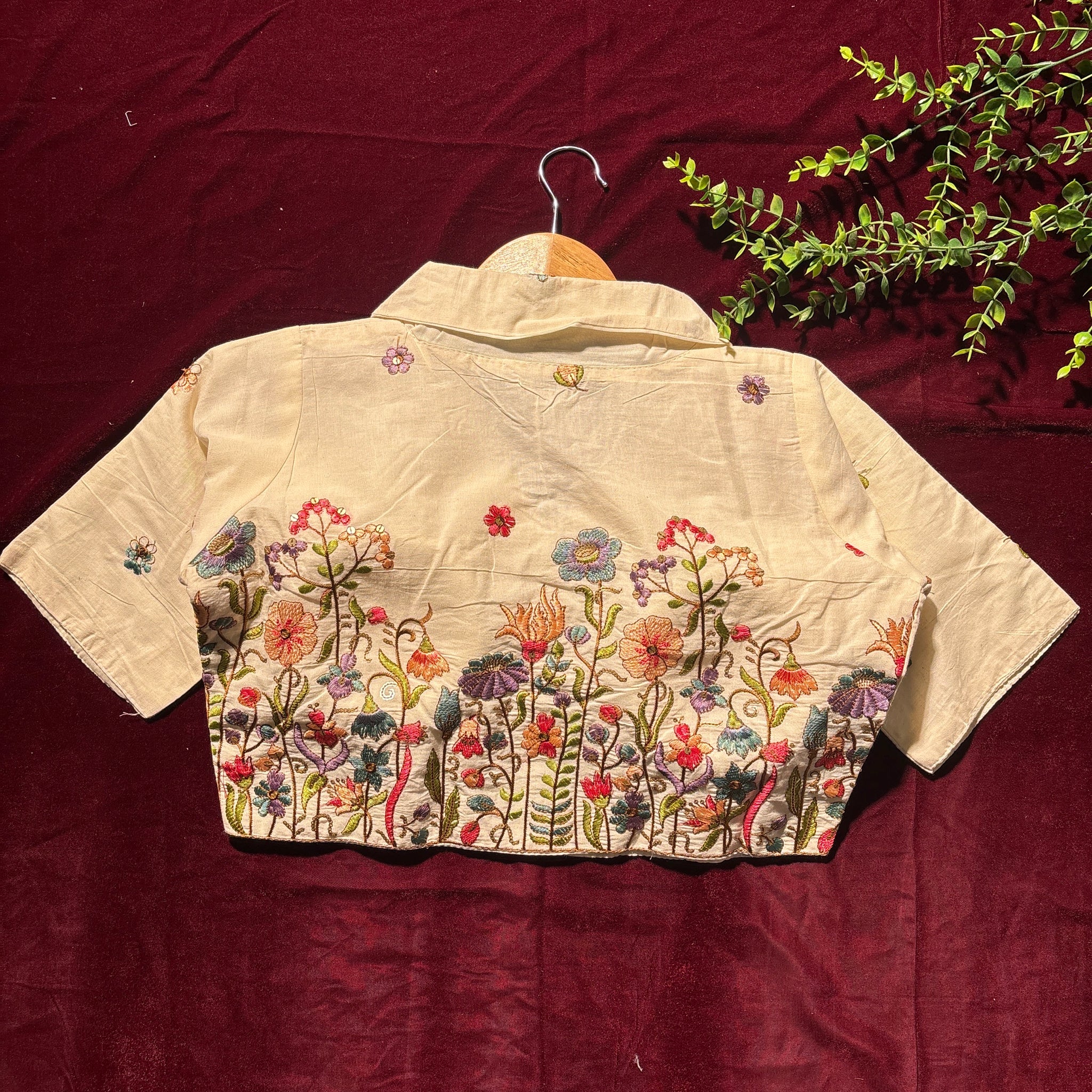 Floral Bloom Cream Blouse with Multicolor Thread Work