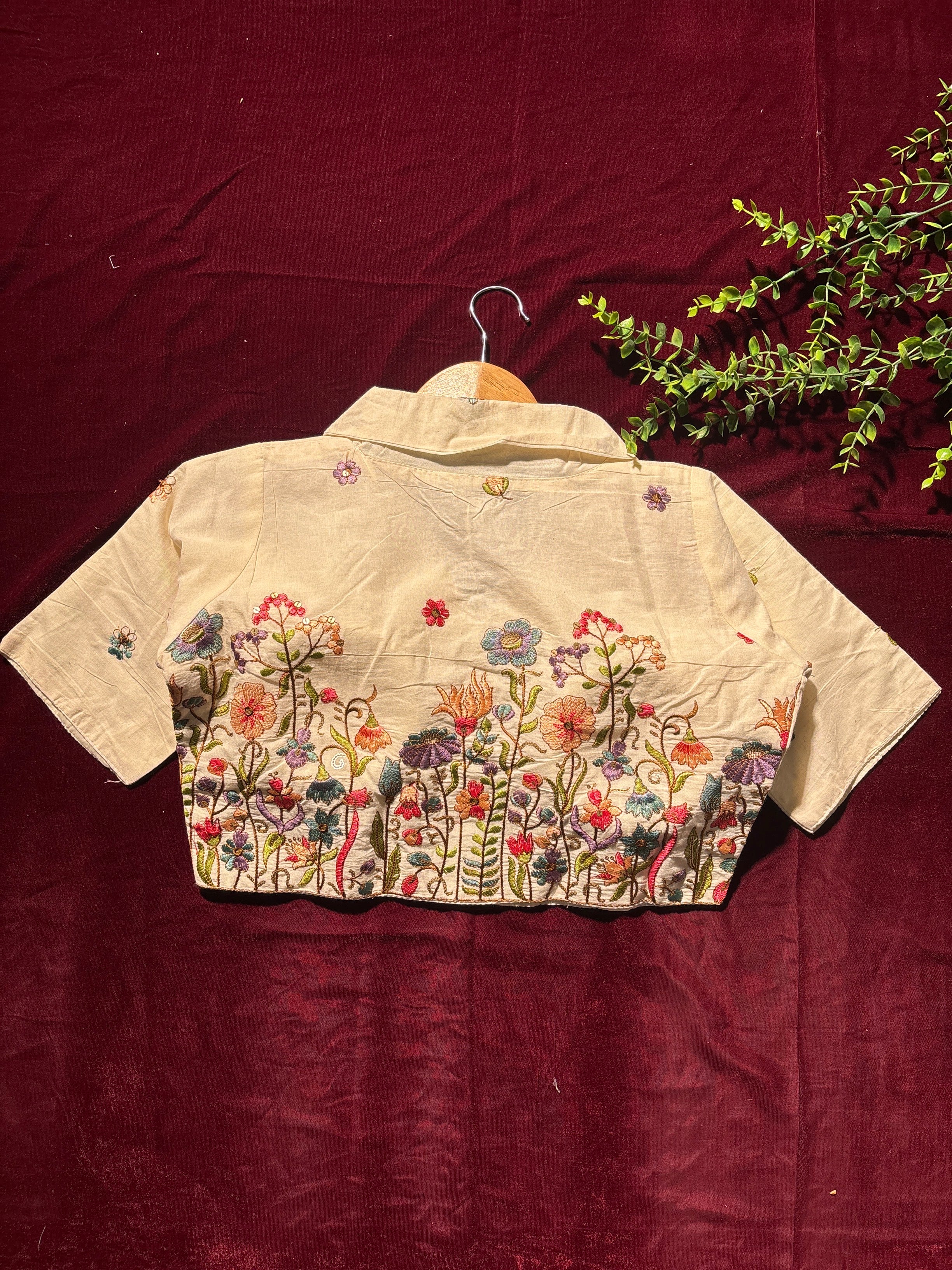 Floral Bloom Cream Blouse with Multicolor Thread Work
