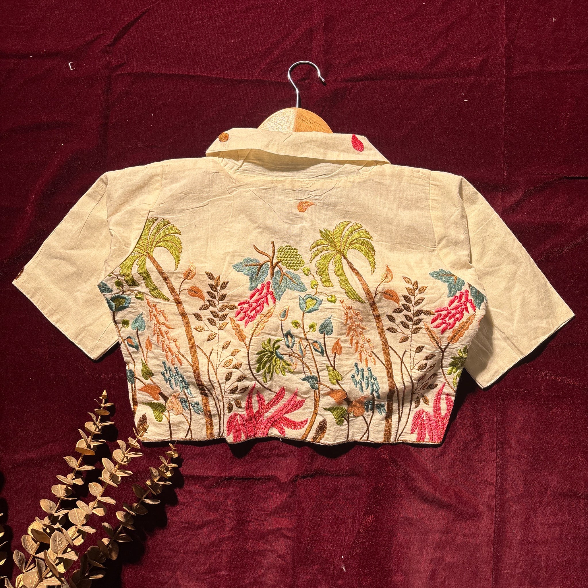 Tropical Palm Embroidered Cream Blouse