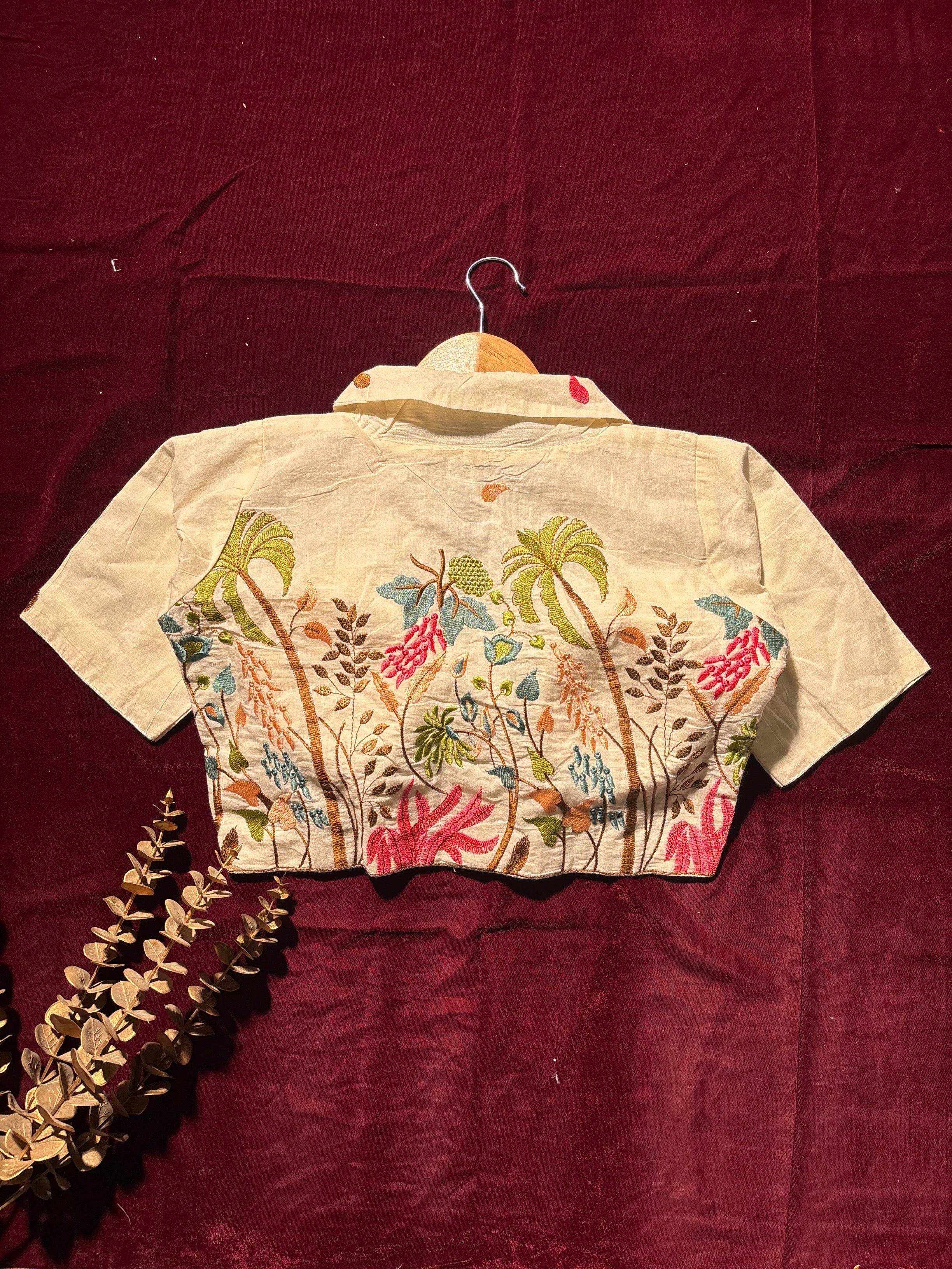Tropical Palm Embroidered Cream Blouse