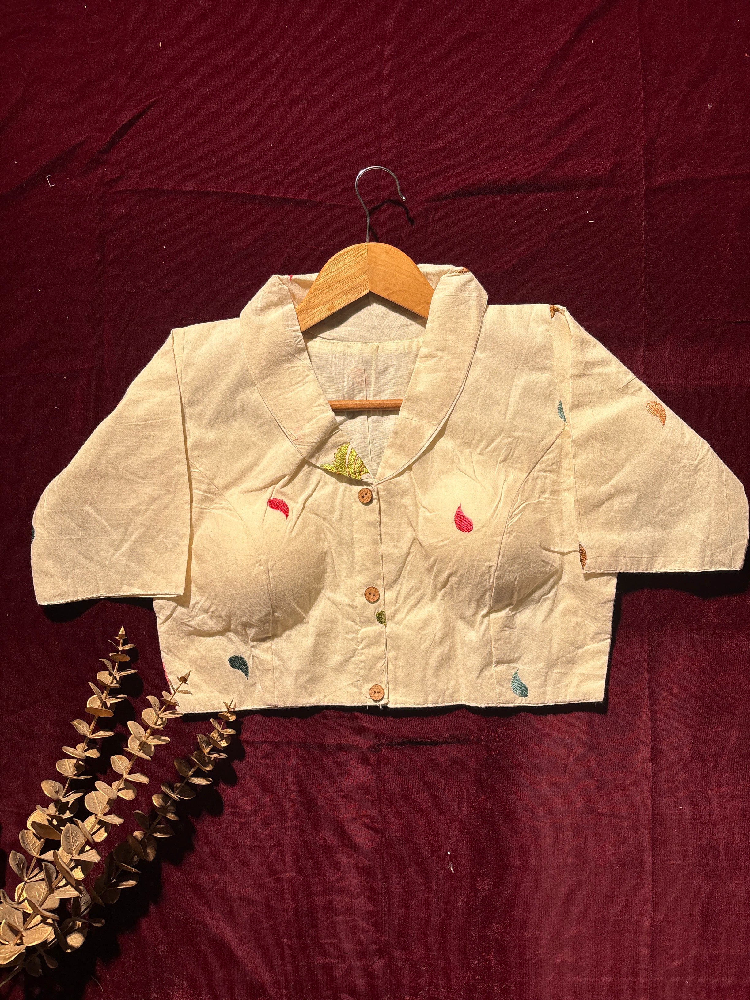 Tropical Palm Embroidered Cream Blouse
