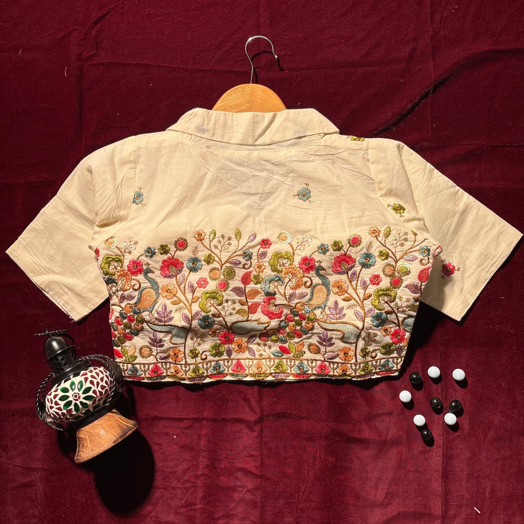 Twin Peacock Floral Embroidered Blouse