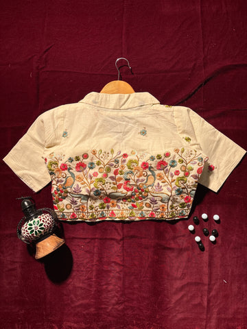 Twin Peacock Floral Embroidered Blouse