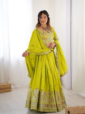Sequence Embroidery Work Crepe Chinon Light Green Lehenga Choli For Wedding