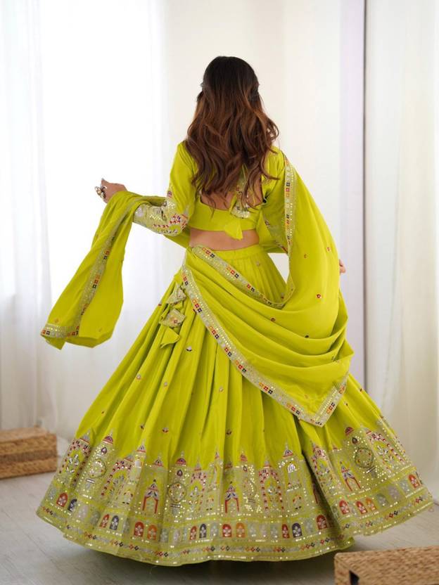 Sequence Embroidery Work Crepe Chinon Light Green Lehenga Choli For Wedding