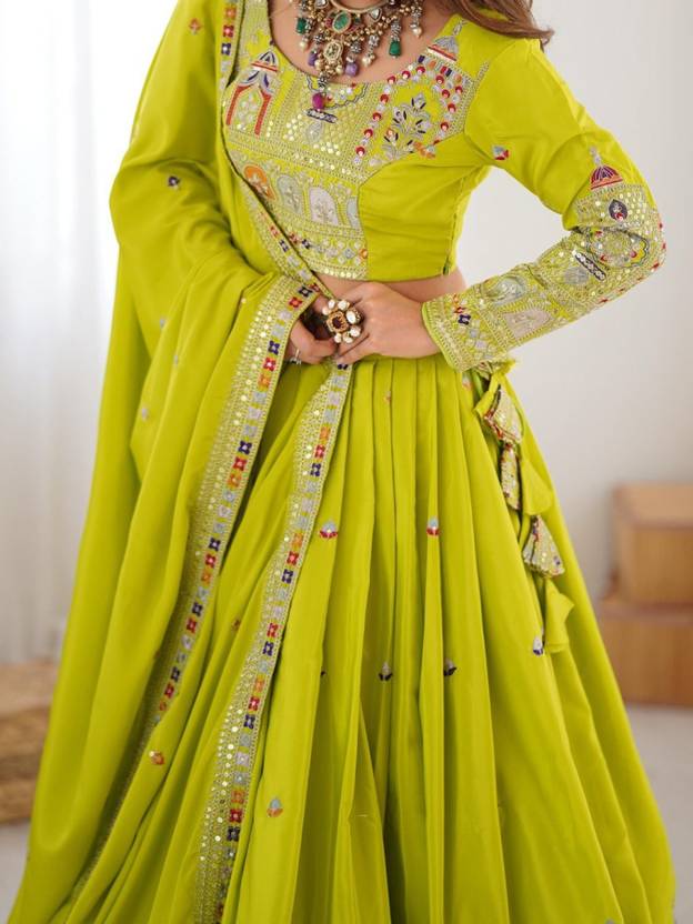 Sequence Embroidery Work Crepe Chinon Light Green Lehenga Choli For Wedding