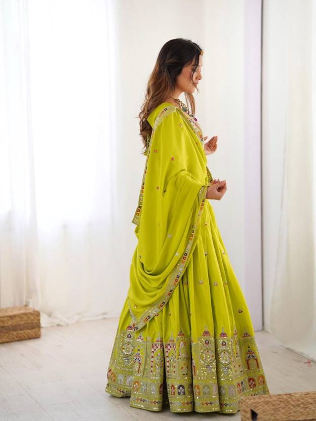 Sequence Embroidery Work Crepe Chinon Light Green Lehenga Choli For Wedding
