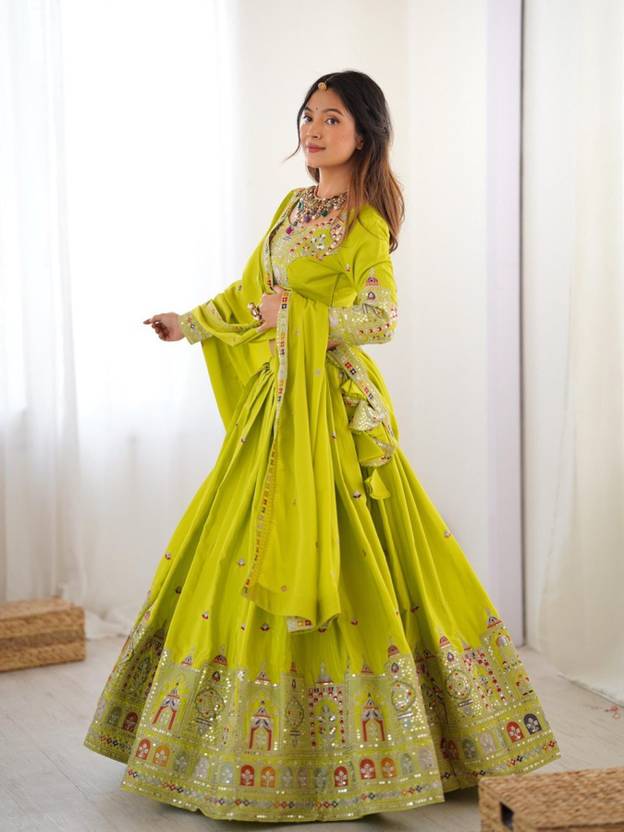 Sequence Embroidery Work Crepe Chinon Light Green Lehenga Choli For Wedding