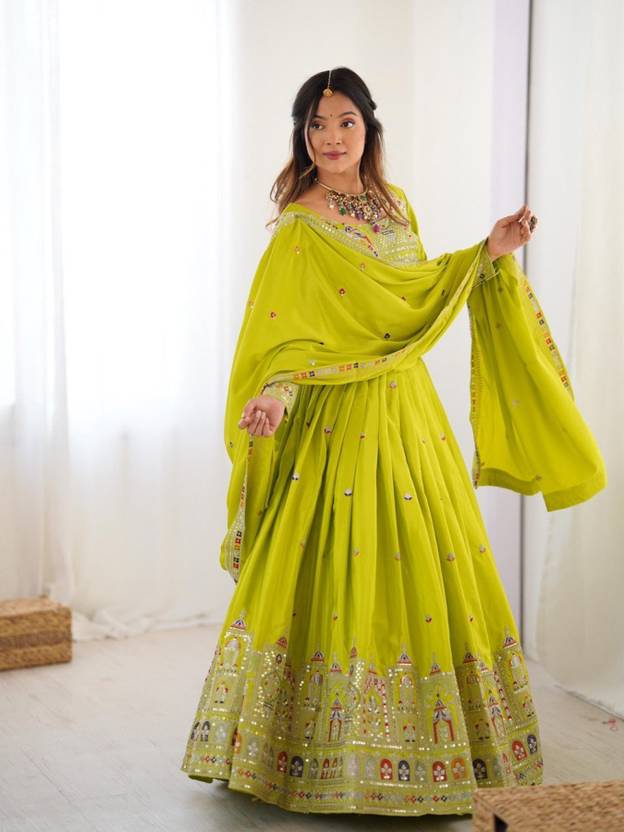 Sequence Embroidery Work Crepe Chinon Light Green Lehenga Choli For Wedding