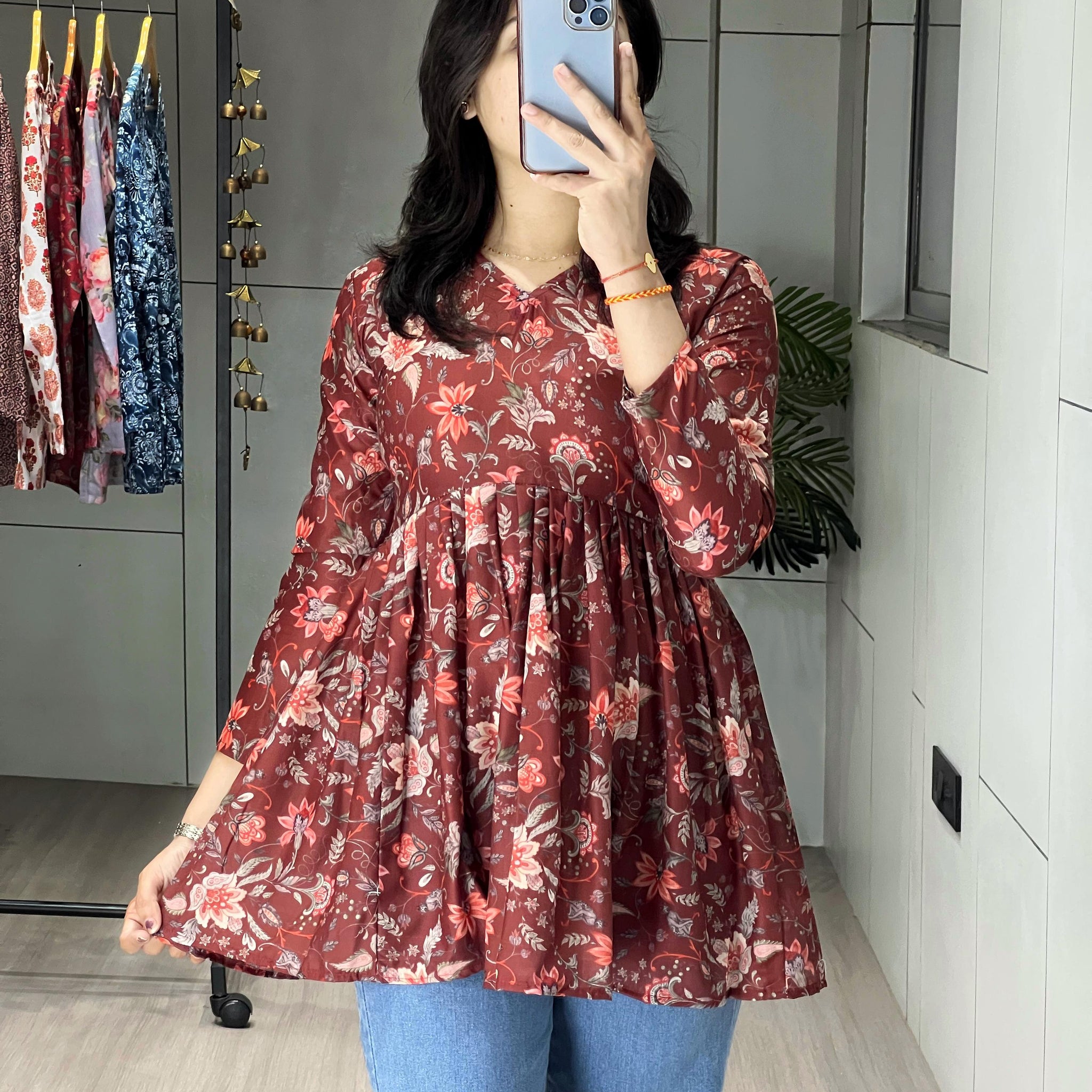 Maroon Floral Cambric Cotton Peplum Tunic Top