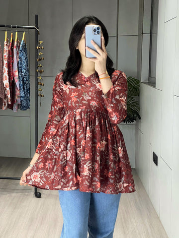 Maroon Floral Cambric Cotton Peplum Tunic Top
