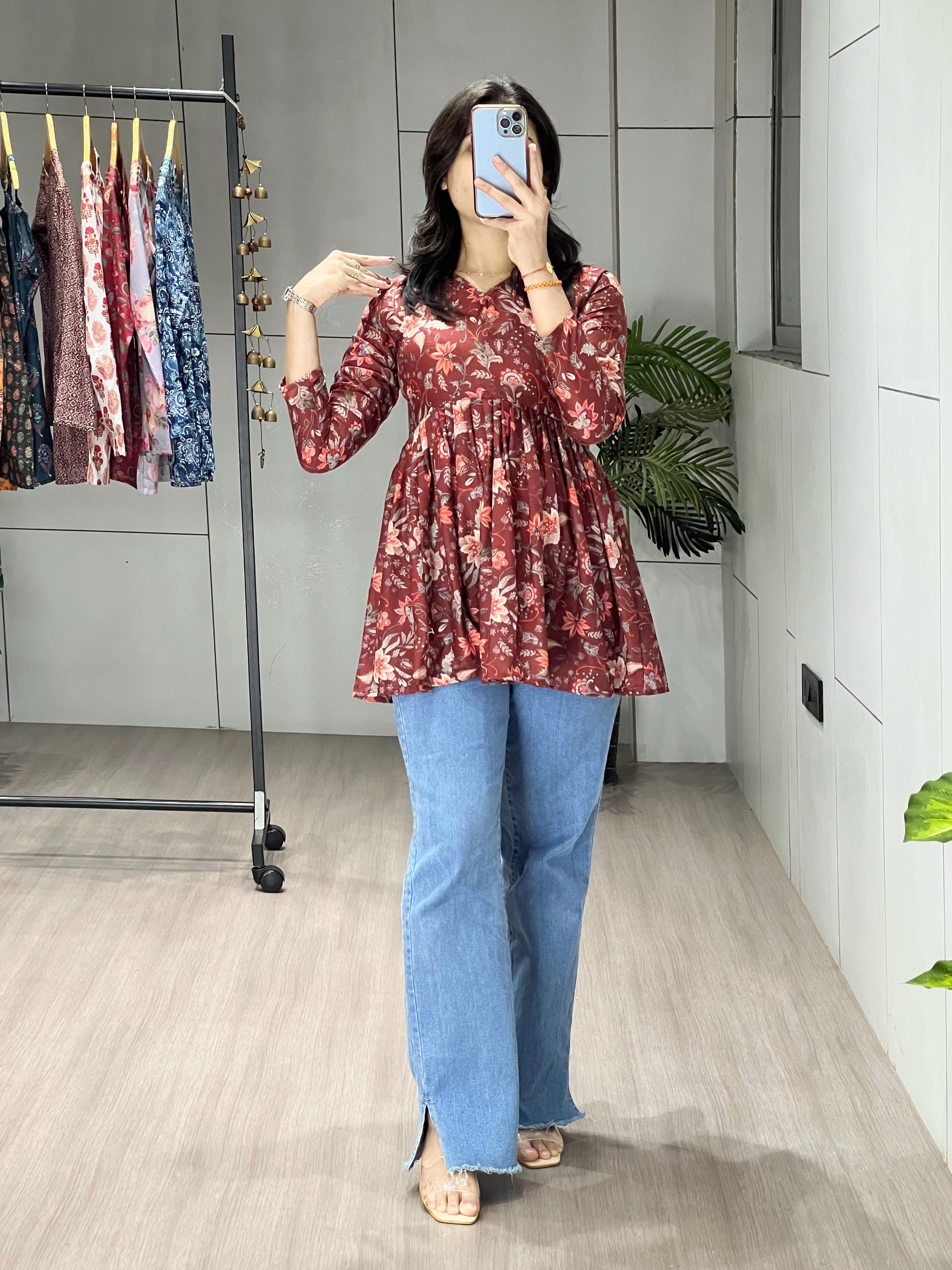 Maroon Floral Cambric Cotton Peplum Tunic Top