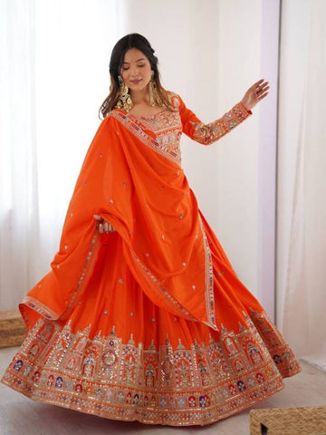 Sequence Embroidery Work Crepe Chinon Orange Lehenga Choli For Wedding