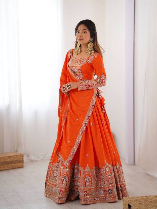 Sequence Embroidery Work Crepe Chinon Orange Lehenga Choli For Wedding