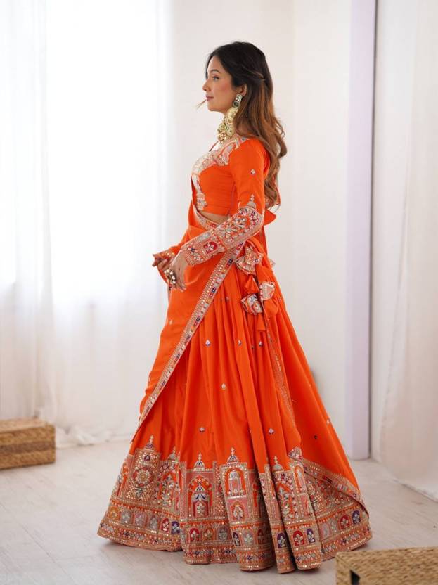 Sequence Embroidery Work Crepe Chinon Orange Lehenga Choli For Wedding