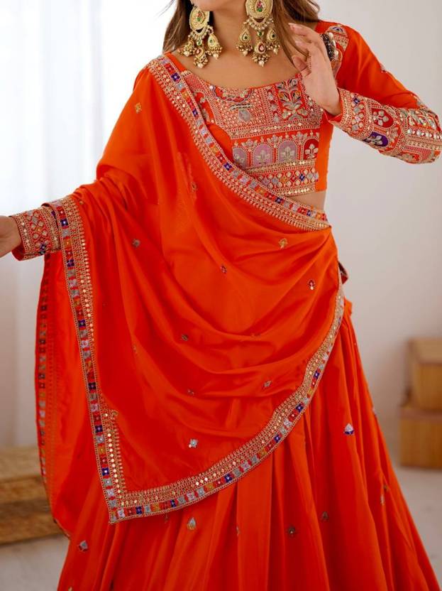 Sequence Embroidery Work Crepe Chinon Orange Lehenga Choli For Wedding