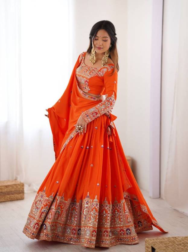 Sequence Embroidery Work Crepe Chinon Orange Lehenga Choli For Wedding