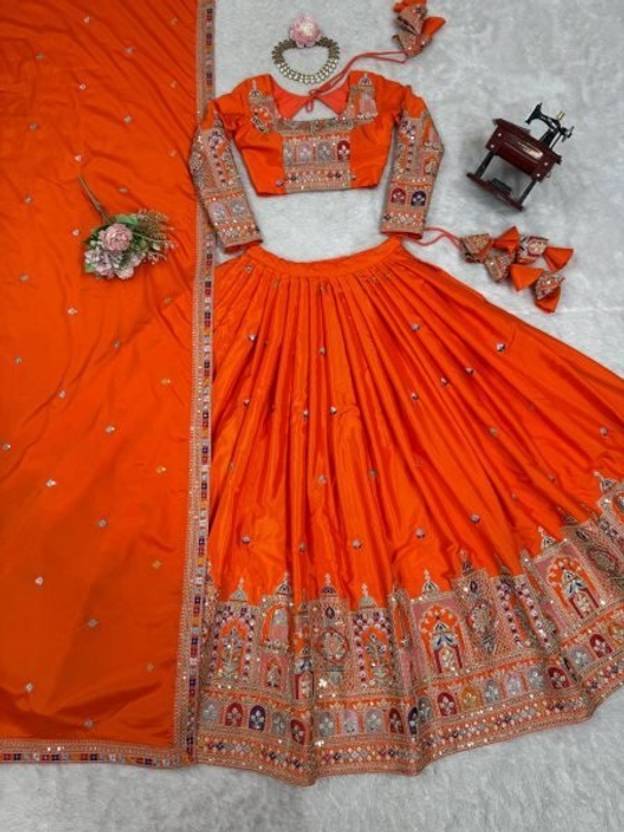 Sequence Embroidery Work Crepe Chinon Orange Lehenga Choli For Wedding