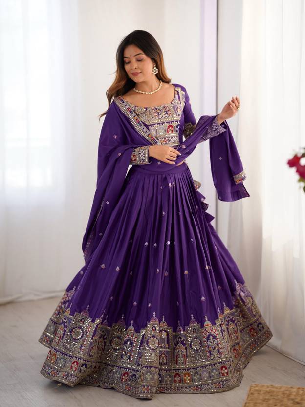 Sequence Embroidery Work Crepe Chinon Purple Lehenga Choli For Wedding