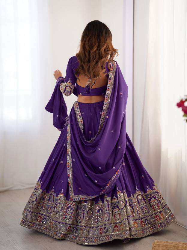 Sequence Embroidery Work Crepe Chinon Purple Lehenga Choli For Wedding