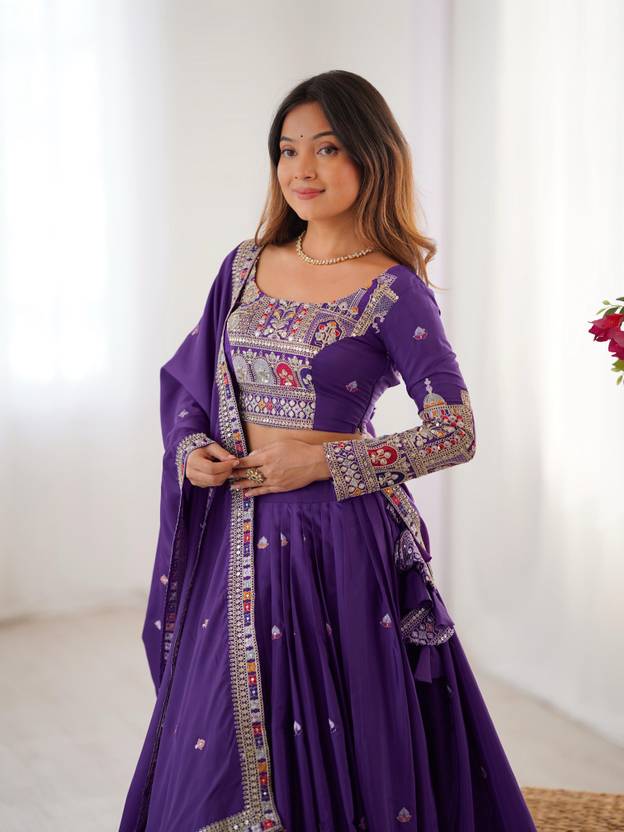 Sequence Embroidery Work Crepe Chinon Purple Lehenga Choli For Wedding