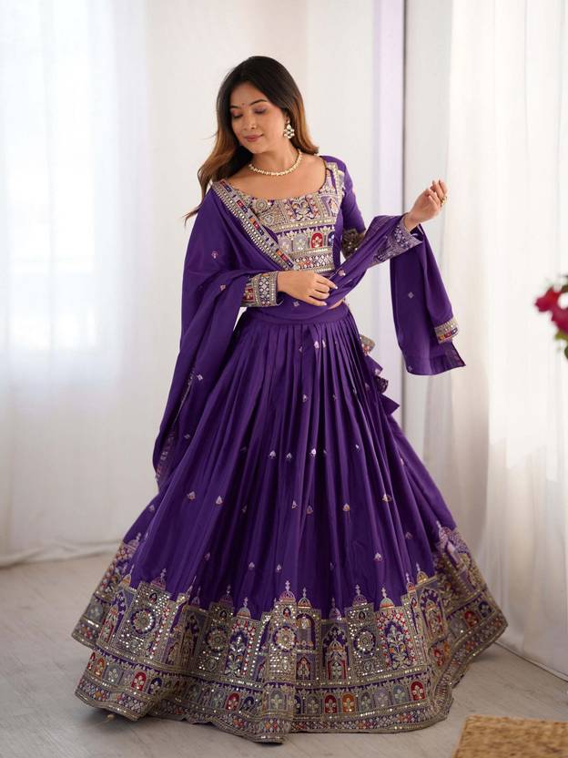 Sequence Embroidery Work Crepe Chinon Purple Lehenga Choli For Wedding
