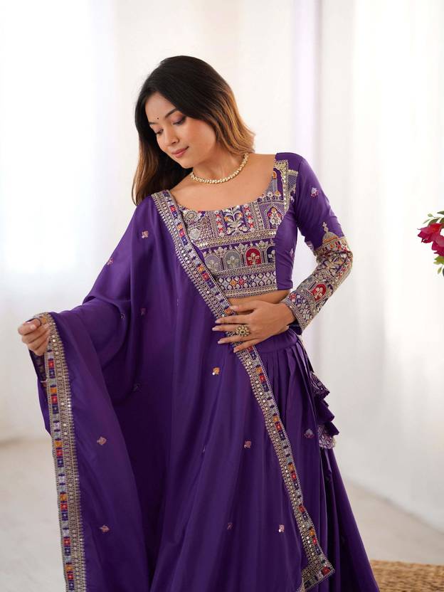 Sequence Embroidery Work Crepe Chinon Purple Lehenga Choli For Wedding
