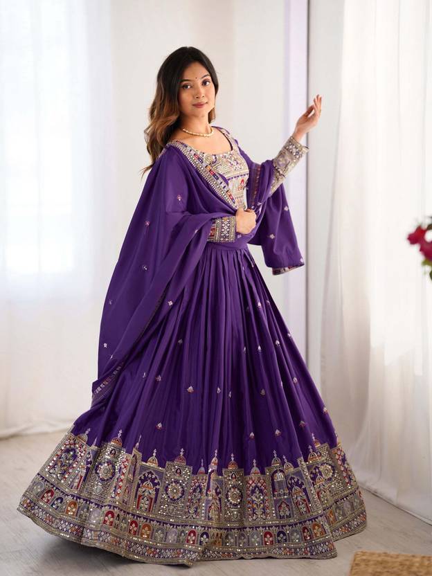 Sequence Embroidery Work Crepe Chinon Purple Lehenga Choli For Wedding