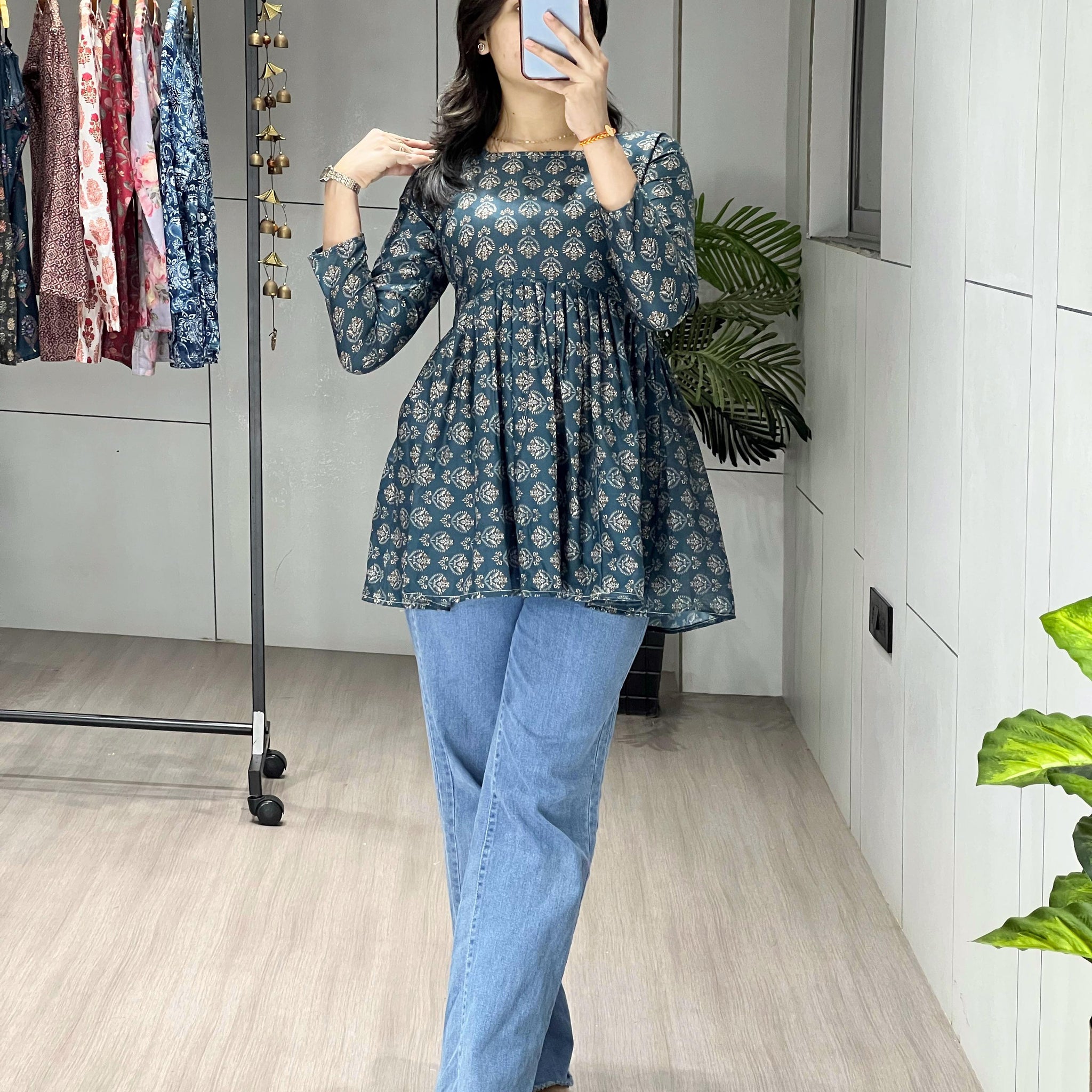 Teal Floral Cambric Cotton Peplum Tunic Top