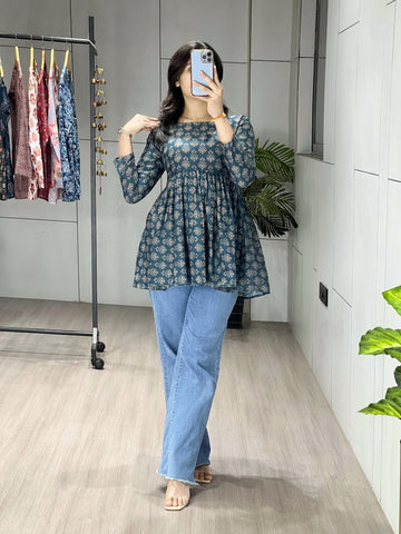 Teal Floral Cambric Cotton Peplum Tunic Top