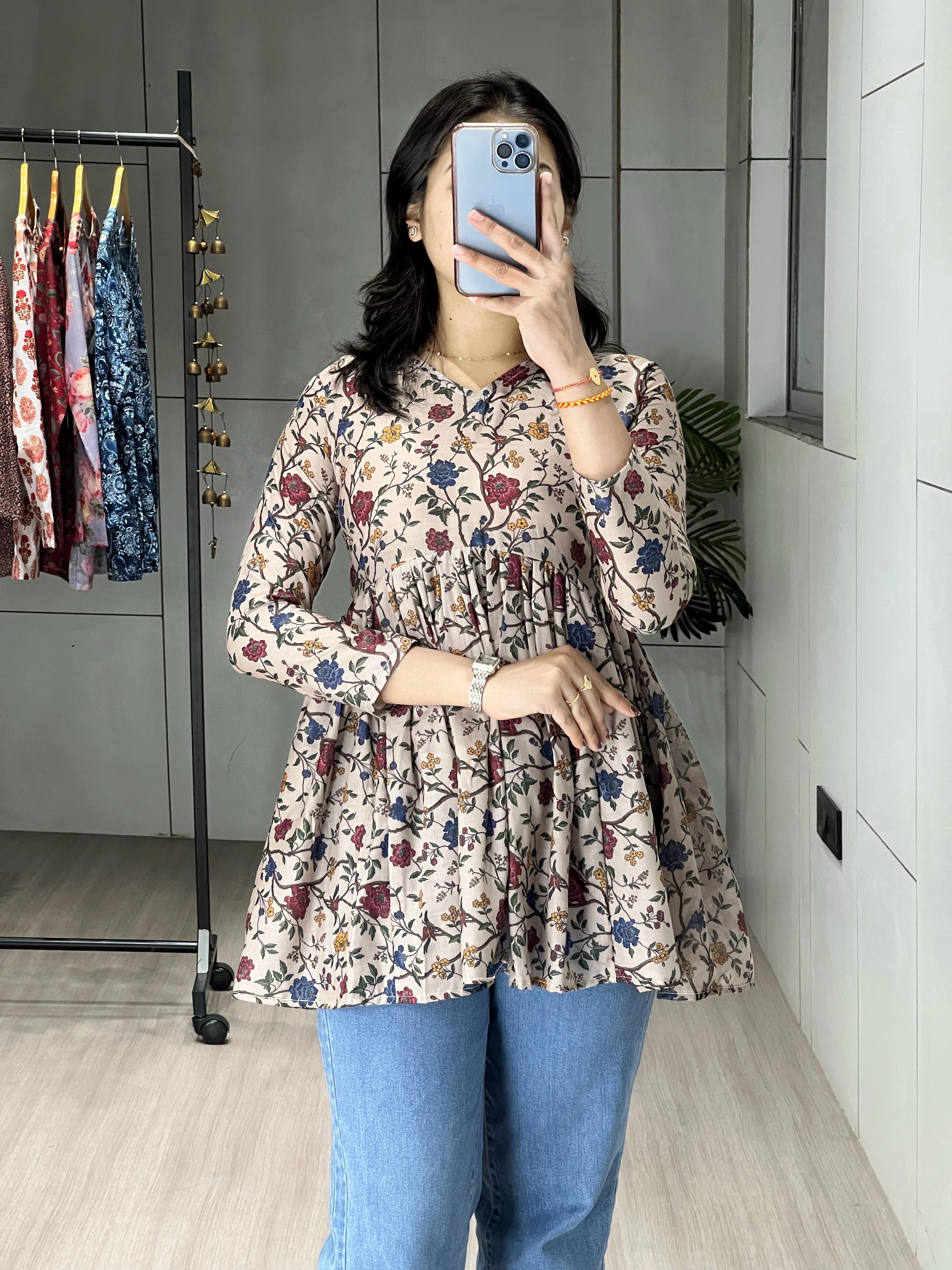 Beige Multi Floral Cambric Cotton Peplum Tunic Top
