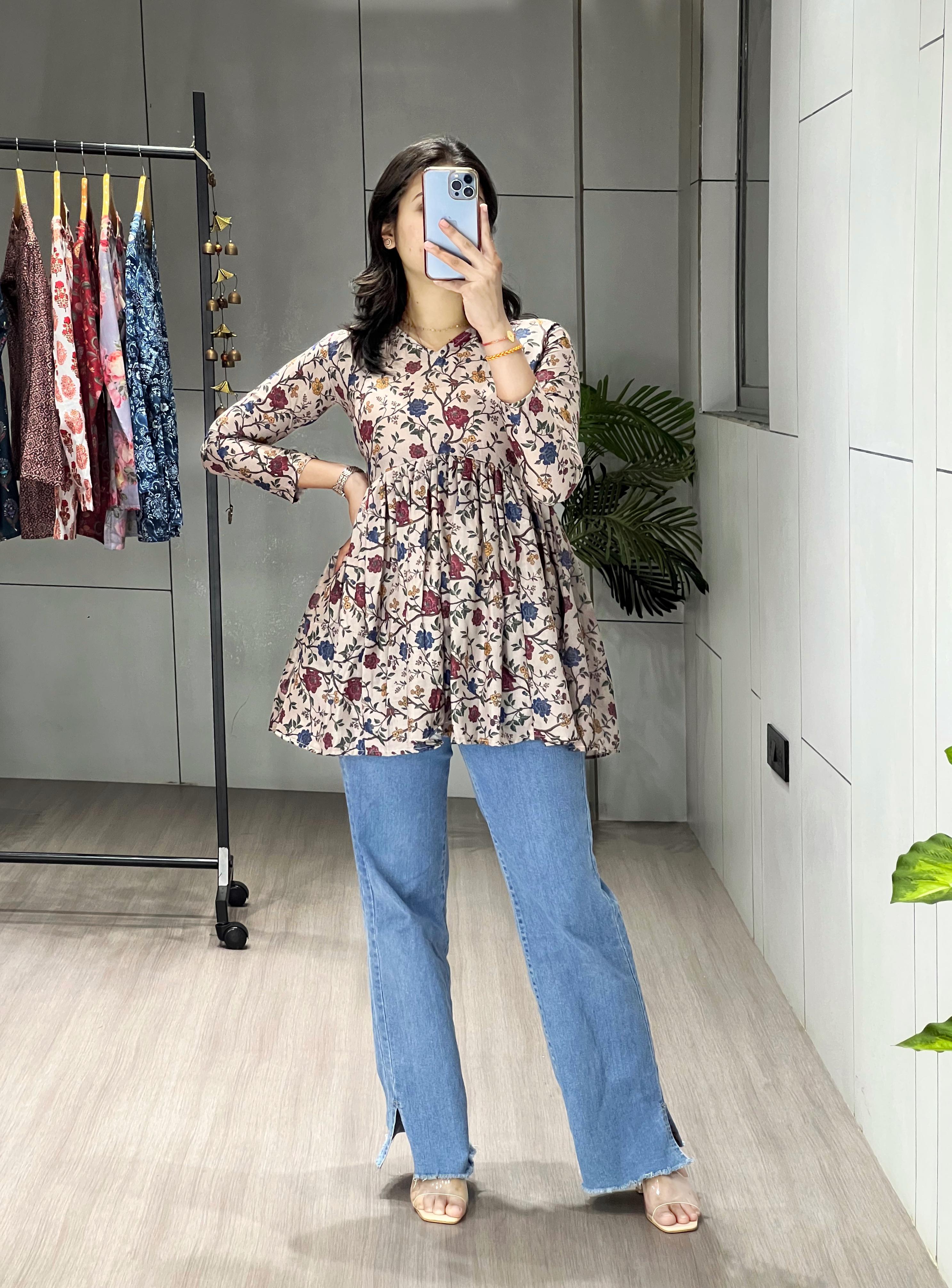 Beige Multi Floral Cambric Cotton Peplum Tunic Top