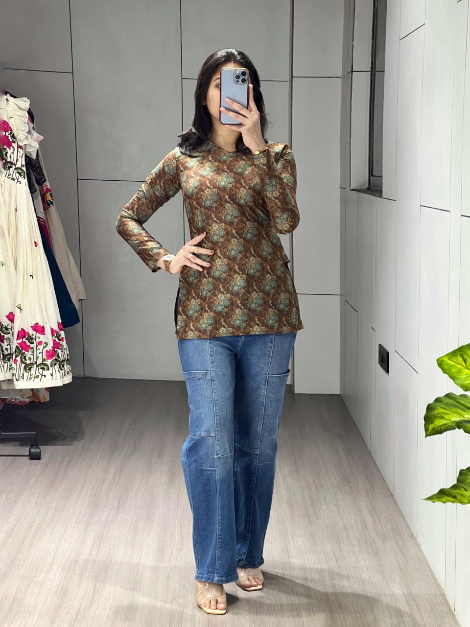Brown Floral Sleeved Kurtis