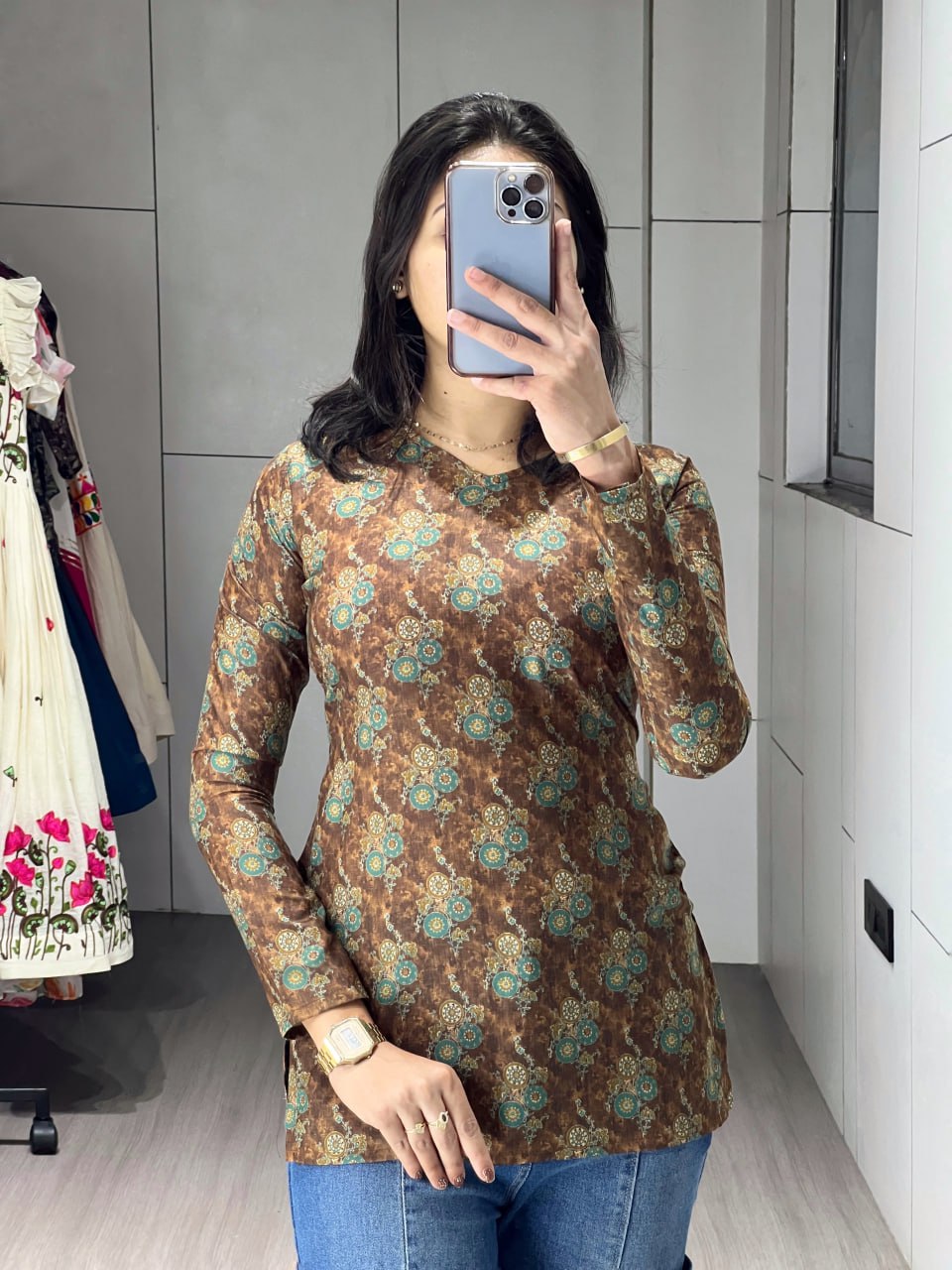 Brown Floral Sleeved Kurtis