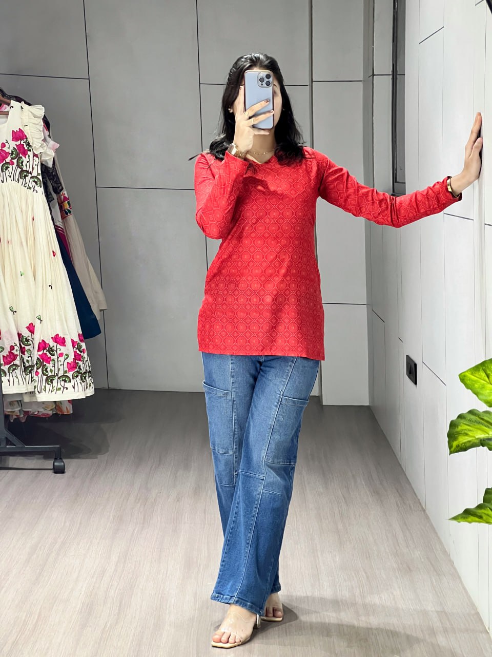 Red Floral Sleeved Kurtis