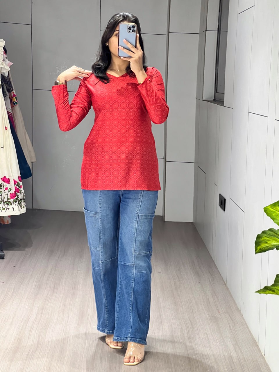 Red Floral Sleeved Kurtis