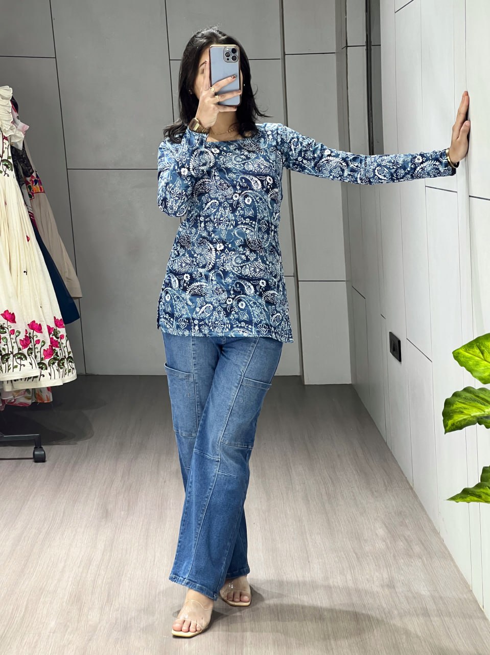 Blue Floral Sleeved Kurtis