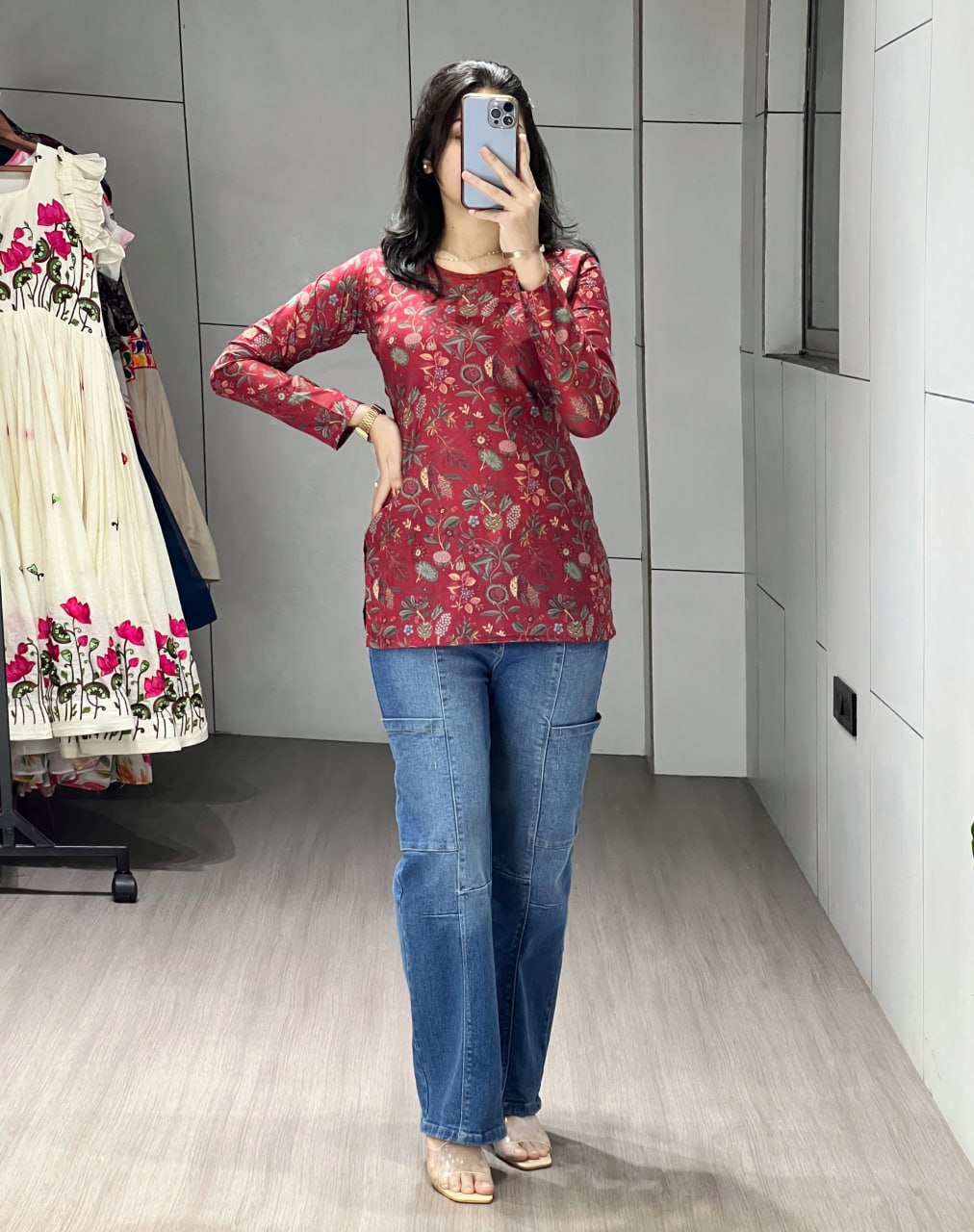 Maroon Floral Sleeved Kurtis
